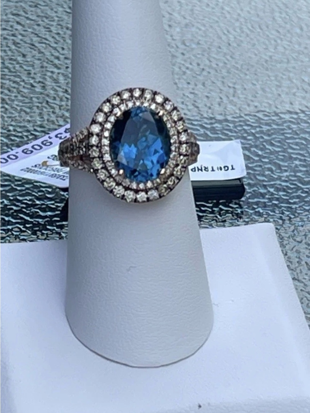 $4300 Levian 14K Rose Gold Deep Sea Blue Topaz Chocolate Diamond Halo Ring SZ 7